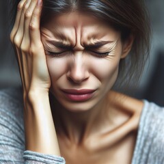 A woman with a headache is seen in this portrait. She appears to be in pain and discomfort, with her hand touching her forehead. - obrazy, fototapety, plakaty