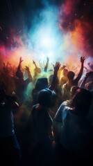 Fototapeta na wymiar People at a concert in smoke raising their hands. Blurred background and movements. Energetic music party. Live music and fun. Concept of celebration, lively crowd, madness. Vertical banner