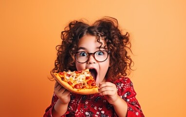 Funny child girl eating slice of pizza