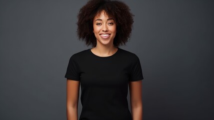 Handsome young black  female wearing black blank cotton t-shirt with space for your logo or design generative ai