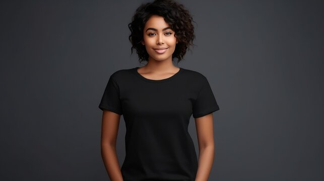 Handsome young black  female wearing black blank cotton t-shirt with space for your logo or design generative ai