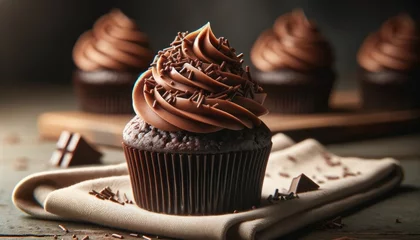 Zelfklevend Fotobehang Decadent chocolate cupcakes with swirl frosting and sprinkles on rustic table © Gregory O'Brien