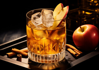 A Spiced Apple Spritzer, with hints of cinnamon and apple, elegantly placed in the middle of a dark, textured surface. - Powered by Adobe