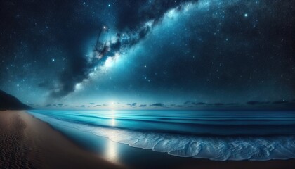 Starry night sky over a tranquil beach with the Milky Way and moonlight reflection