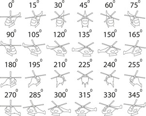 A set of 24 copters in outline from different angles. Rotation of the helicopter parked by 15 degrees for animation.  