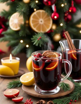 Photo, mulled wine in a glass cup with orange and cinnamon on the background of a Christmas tree