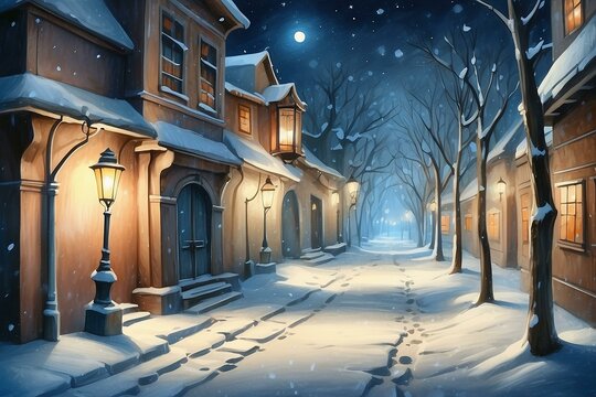 A picture of a dark winter alley with lanterns at night and buildings with lights on