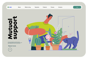 Mutual Support: Look after neighbor's house -modern flat vector concept illustration of man watering plants, looking after neighbors' cat A metaphor of voluntary, collaborative exchanges of services