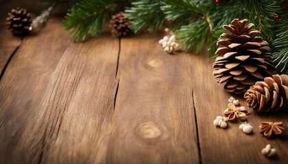 christmas decoration on wooden background A natural Christmas with a wooden background and a pine cone border. The background is made of wood   
