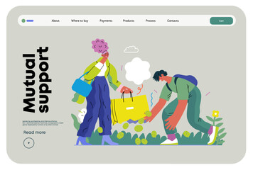 Mutual Support: Pick up fallen item -modern flat vector concept illustration of man collecting fruits that fell from woman's bag A metaphor of voluntary, collaborative exchanges of resource, services