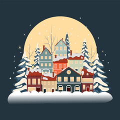 Winter landscape in flat style. The Christmas landscape. Vector illustration.