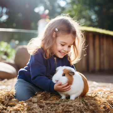 child petting an animal at a petting zoo.