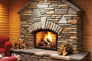 Cozy puff stone fireplace in the room