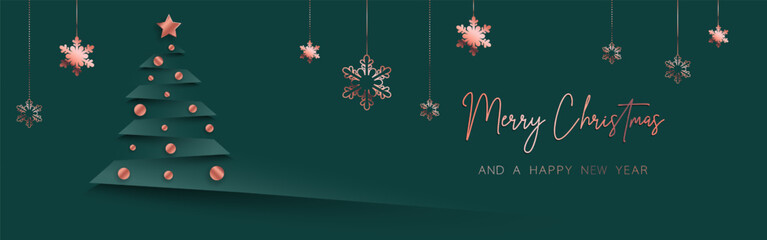Green gold minimal Christmas banner design. Simple background, elegant geometric minimalistic style. Contemporary papercut luxury greeting backdrop  with merry xmas letters for web and advertising.