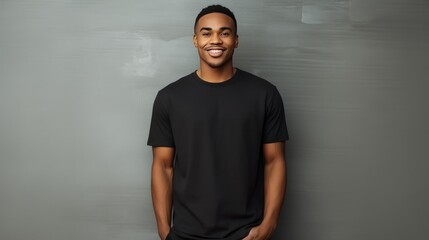 Fototapeta premium Handsome young black male wearing black blank cotton t-shirt with space for your logo or design generative ai