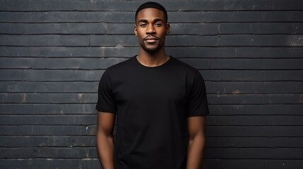 Obraz premium Handsome young black male wearing black blank cotton t-shirt with space for your logo or design generative ai
