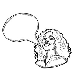 Beautiful young woman talk. Empty speech bubble for sale promotion, text background, quotes. Hand drawn illustration, cartoon comic style.