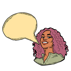 Beautiful young woman talk. Empty speech bubble for sale promotion, text background, quotes. Hand drawn illustration, cartoon comic style.