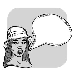 Beautiful young woman talk. Empty speech bubble for sale promotion, text background, quotes. Hand drawn illustration, cartoon comic style.