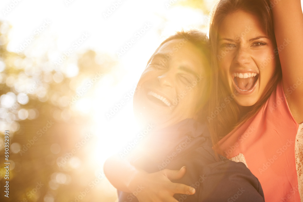 Sticker love, energy and portrait of happy couple in a park with piggyback, fun or bonding together. freedom