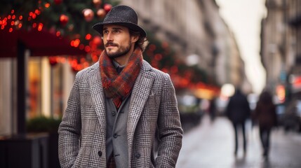 A mature fashion man with an unshaven black beard looking dapper in an elegant plaid wool coat and...