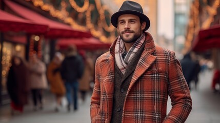 A mature fashion man with an unshaven black beard looking dapper in an elegant plaid wool coat and turtleneck sweater and scarf, hat, on European outdoor street background, copy space - obrazy, fototapety, plakaty