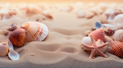 Fototapeta na wymiar Summer beach with strafish and shells background, fresh summer travel backgrounds with copy space.