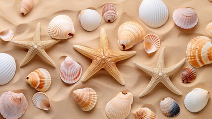Fototapeta na wymiar Top view of a sandy beach with exotic seashells and starfish as natural textured background for aesthetic summer design