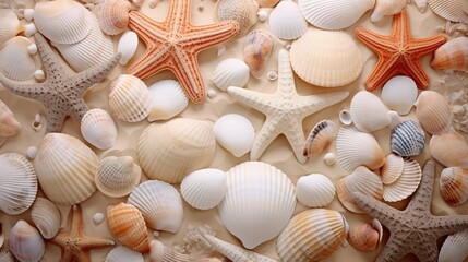 Top view of a sandy beach with exotic seashells and starfish as natural textured background for...