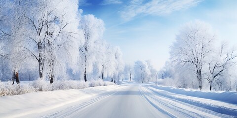 Obraz premium Winter snowy panorama on the road along coniferous forest landscape background, snow covered road on sunny day on rural area backgrounds.