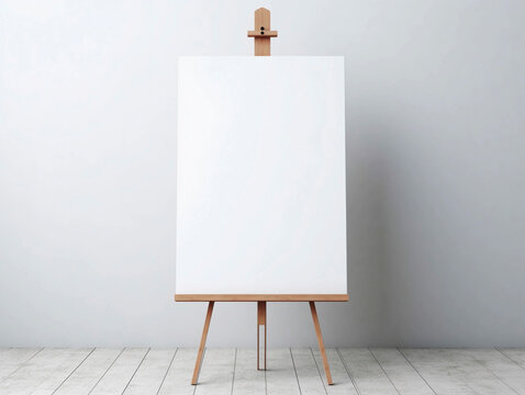 Wooden easel with blank canvas in room
