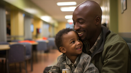 a father giving a loving hug to his child in hospital waiting room - obrazy, fototapety, plakaty