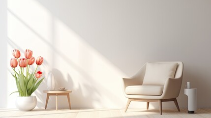 light armchair near the wall with a bunch of flowers, modern minimalist room design