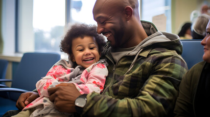 a father giving a loving hug to his child in hospital waiting room - obrazy, fototapety, plakaty
