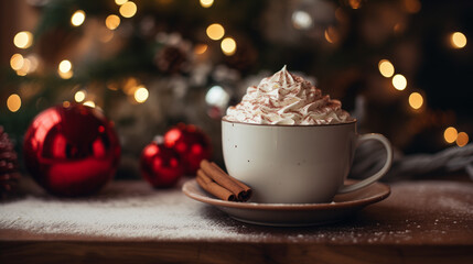 Obraz na płótnie Canvas Cozy Holiday Hot Cocoa: Steaming Mug with Whipped Cream and Cinnamon 