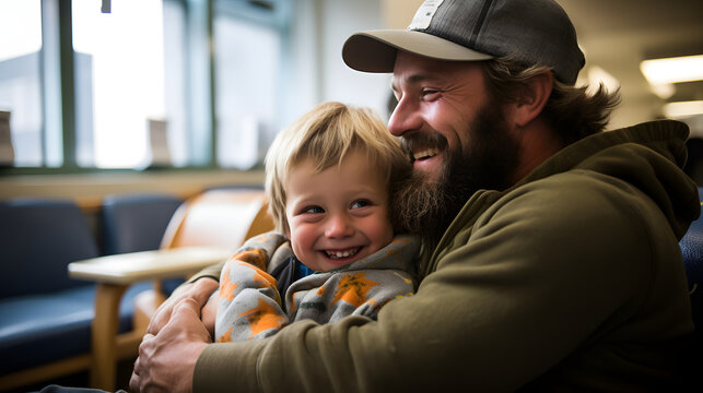 A Father Giving A Loving Hug To His Child In Hospital Waiting Room