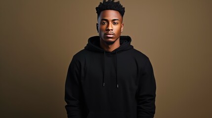 Obraz premium Handsome young black male wearing black blank cotton hoodie with space for your logo or design generative ai