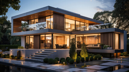 Sleek modern minimalist house bathed in the warm glow of evening light, a vision of contemporary elegance and tranquility