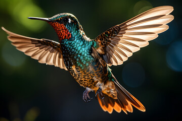 Obraz premium Flying hummingbird with green forest in background. Small colorful bird in flight
