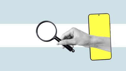 Collage with hand with a magnifying glass protrudes from the smartphone screen. Lack of evidence,...