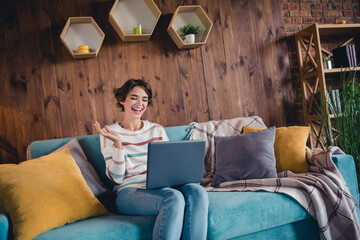 Portrait of excited cheerful girl sit comfort couch speak video call laptop free time loft...