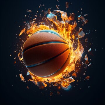 a basketball in flames of glass