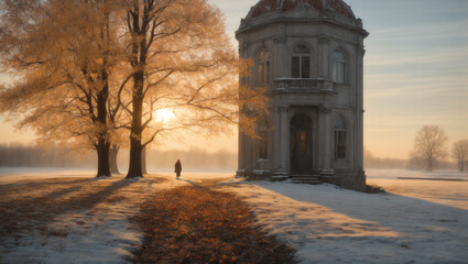 An aesthetic view of a person walking near the entrance to a beautiful building With a beautiful view of the sun