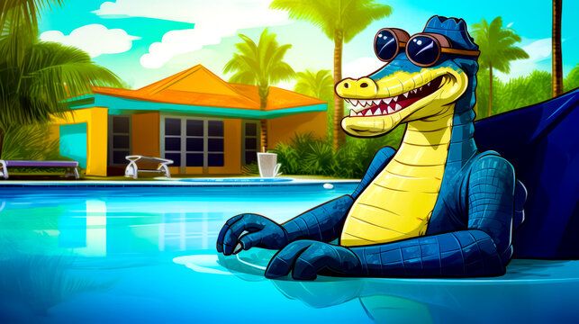 Cartoon alligator with sunglasses sitting in pool next to resort building.