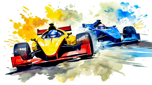 Painting of two race cars racing on track with watercolor splashes.