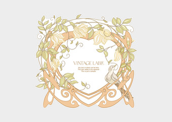Decorative flowers and bird in art nouveau style, vintage, old, retro style. Border, frame, template for product label, cosmetic packaging. Easy to edit. Vector illustration. In art nouveau style.