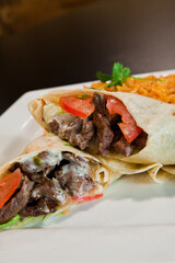 Savory Steak Burrito Wrap and Seasoned Rice Plate Close-Up