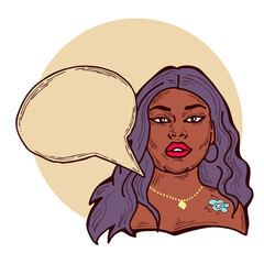 Beautiful young woman talk. Empty speech bubble for sale promotion, text background, quotes. Hand drawn illustration, cartoon comic style.