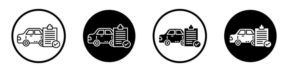 Car repair check list icon set. vehicle test report vector symbol. registration document sign. auto inspection or maintenance paper icon in black filled and outlined style.