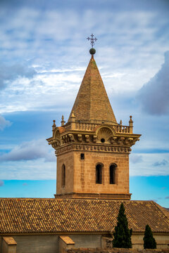 Vertical view of the tower of the Old Church of the Assumption of Yecla, Region of Murcia, Spain